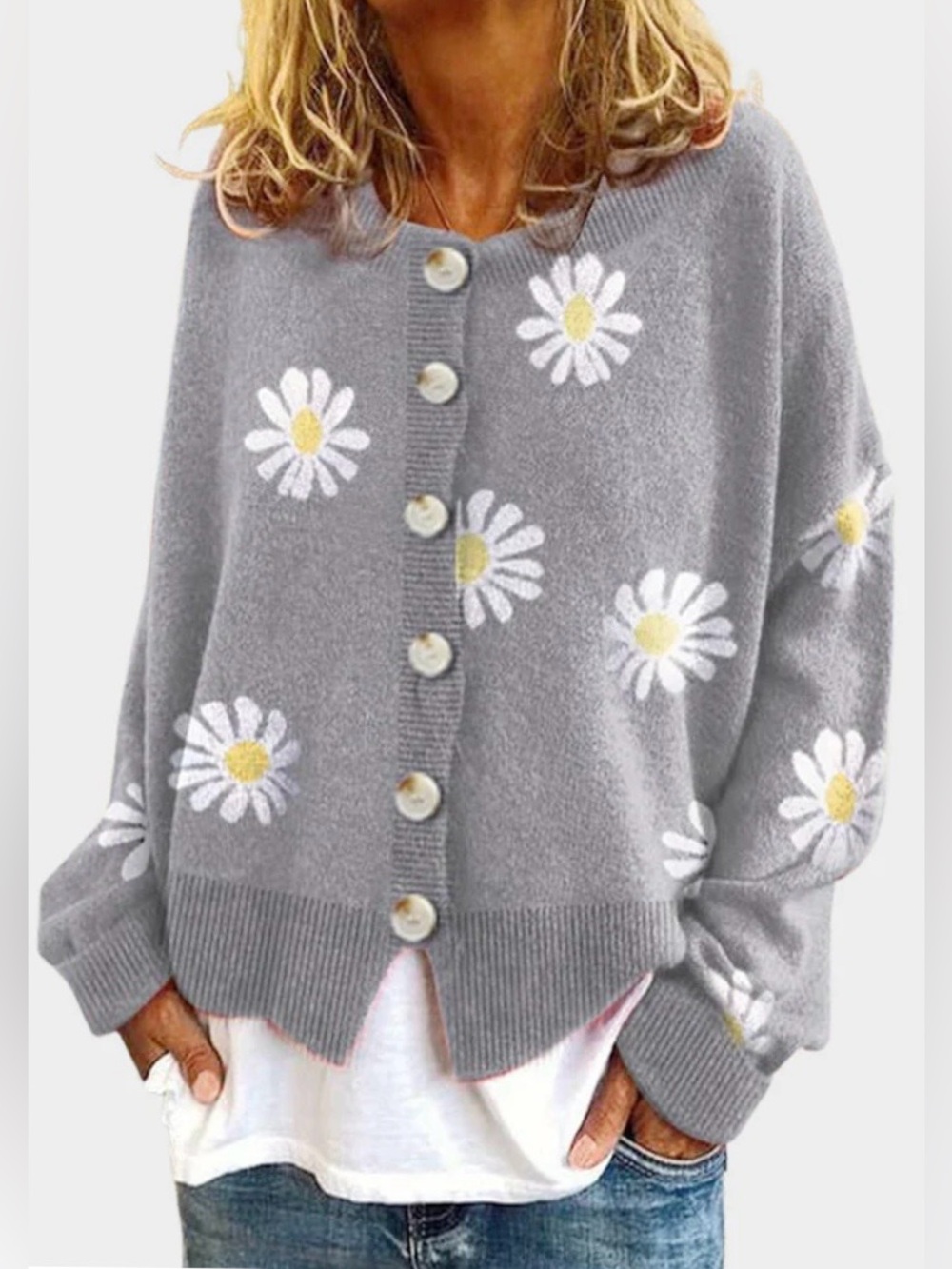 URBANASE SAN FRANCISCO Daisy Print Knit Cardigan Gray Large